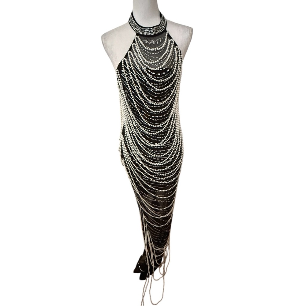 Fashion Nova Black Sequin Beaded Halter Sleeveless Maxi Evening Dress Glamorous